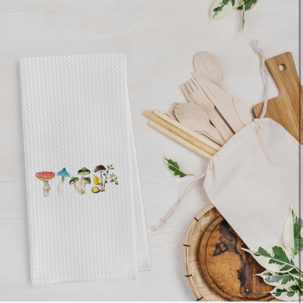Mushroom Patterned Waffle Weave Dish Towel, White, NWT